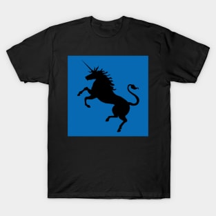 Black Coloured Rearing Scottish Unicorn On Saltire Blue Background T-Shirt